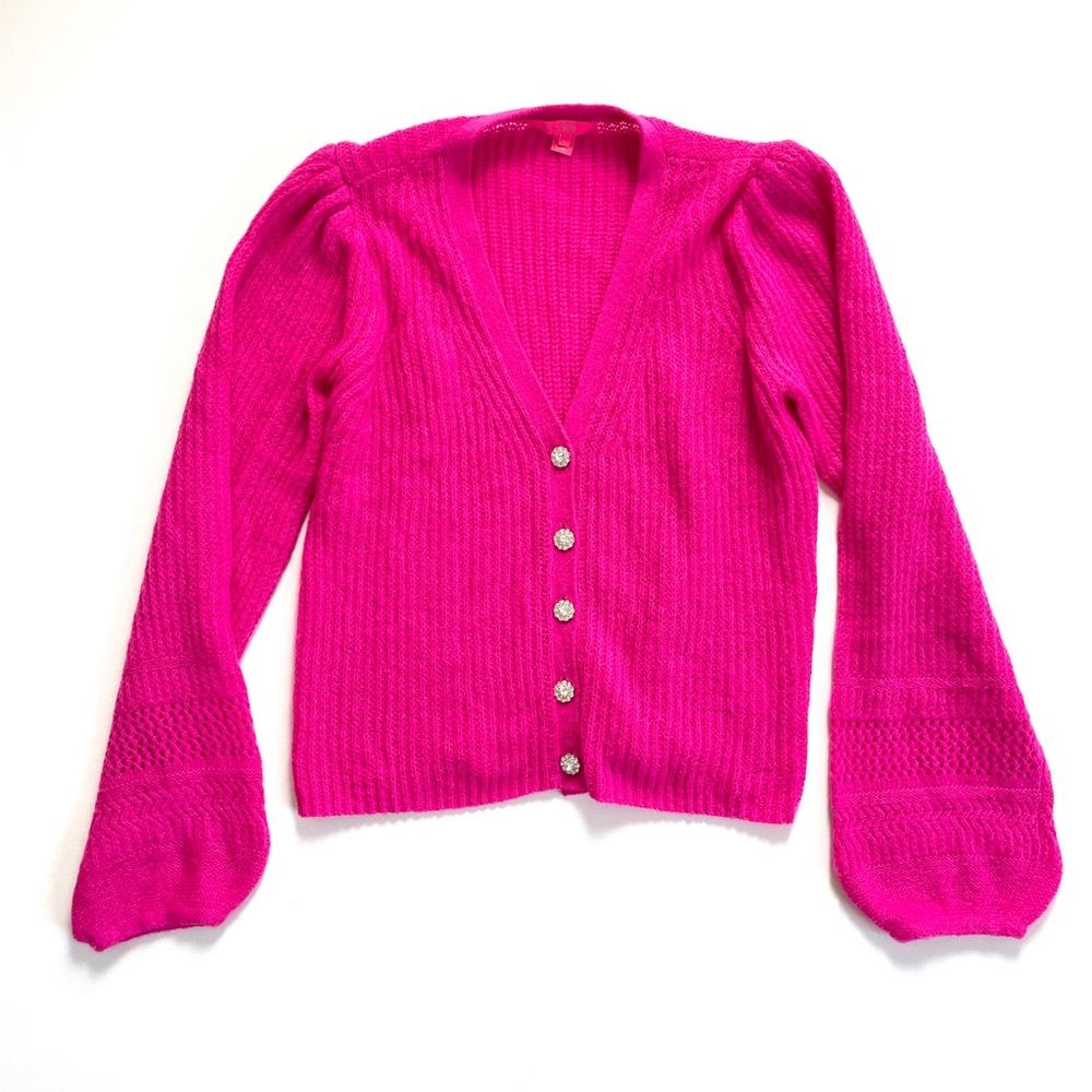 Lilly Pulitzer hot pink dressy cardigan, acrylic yarn with jewelry buttons.